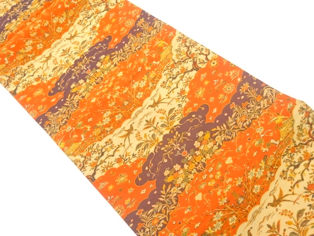 草花に鳳凰模様織出し洒落袋帯